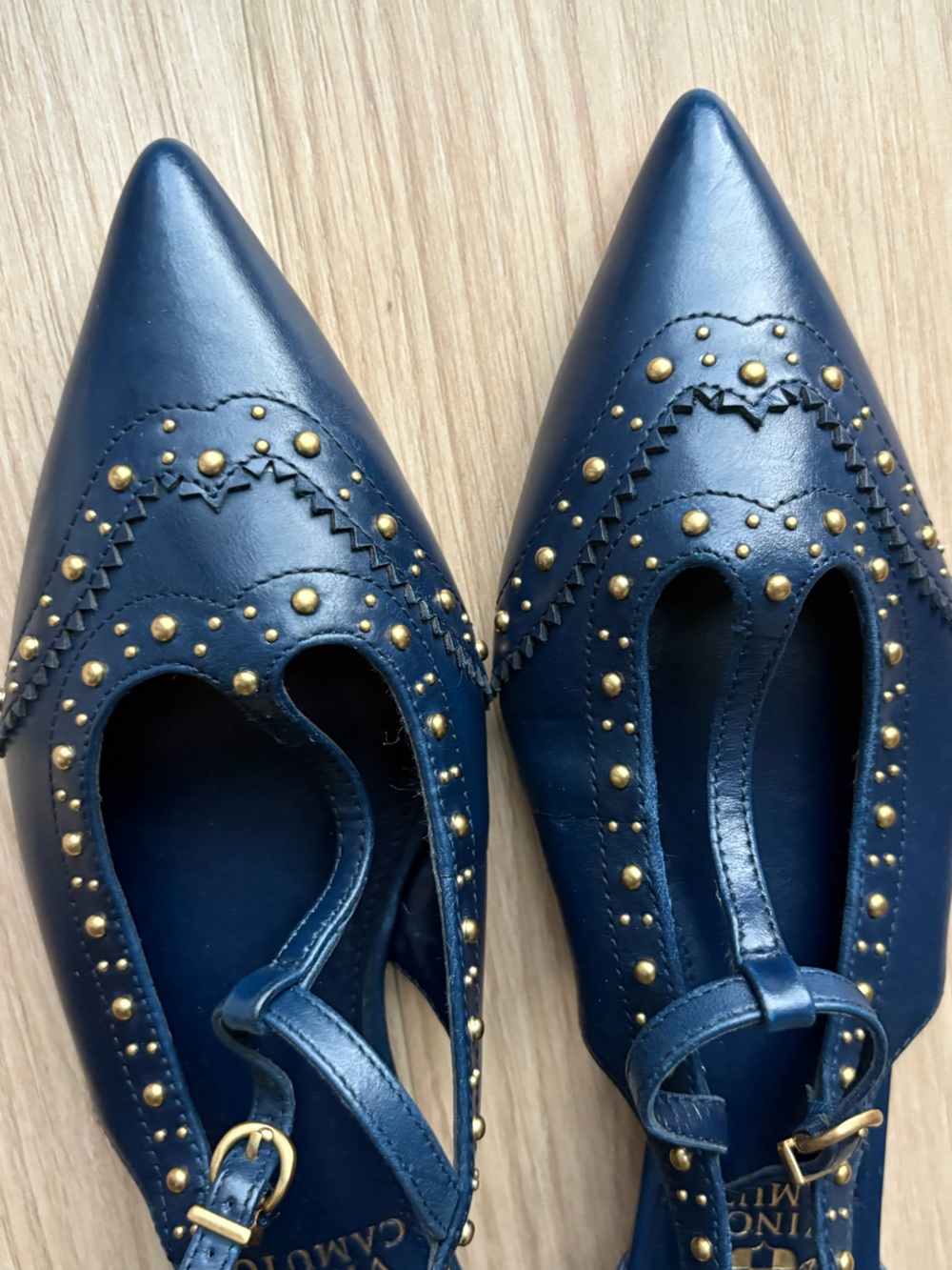 Navy Gold-Studded T-Strap Flats - Picture 5 of 5